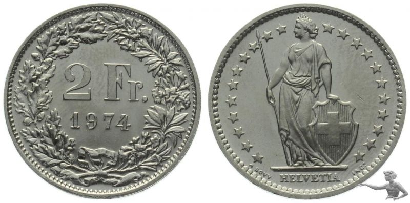 2 Franken 1974 | Prachtstück aus Kursmünzensatz !!!